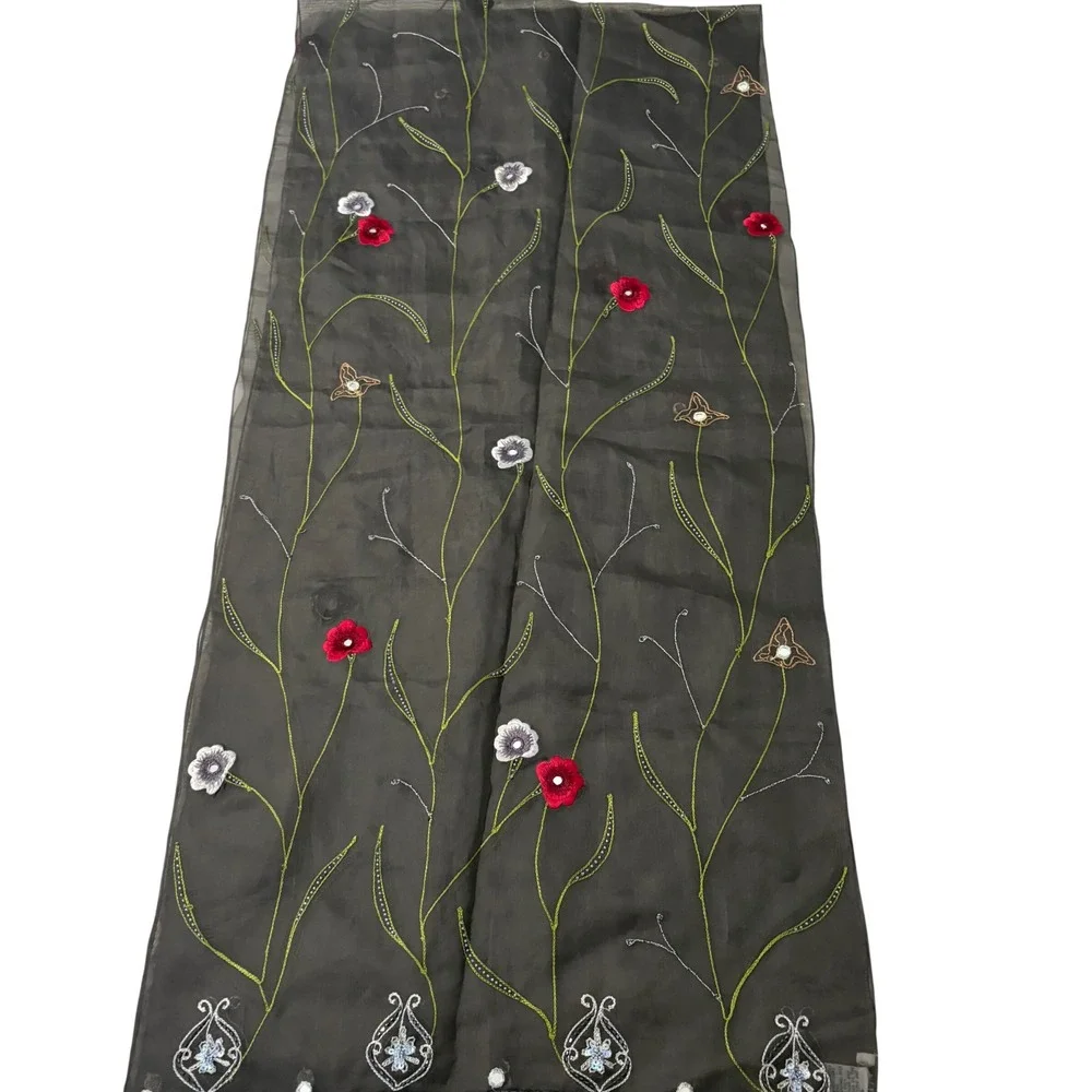 Chetta B Evening Black 100% Silk Embroidered Floral Beaded‎ Sequin Scarf Wrap